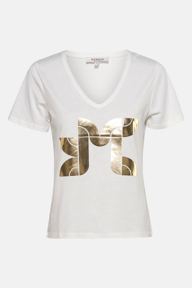 T-shirt blanc à manches courtes de Morgan, avec un grand logo doré sur le devant.
