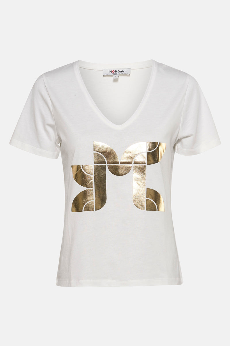 T-shirt blanc à manches courtes de Morgan, avec un grand logo doré sur le devant.
