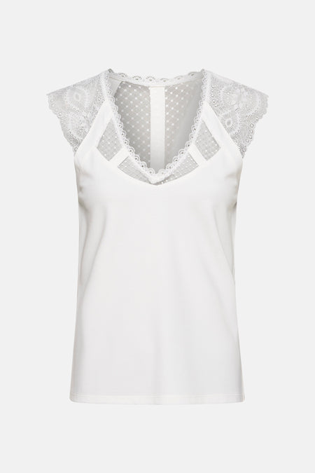 Top sans manches blanc de Morgan de Toi avec dentelle florale et détails ajourés.
