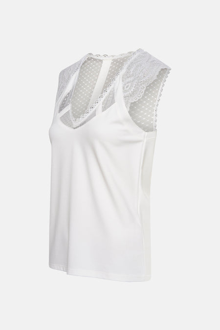 Top blanc sans manches de Morgan de Toi avec empiècement en dentelle et résille à pois.
