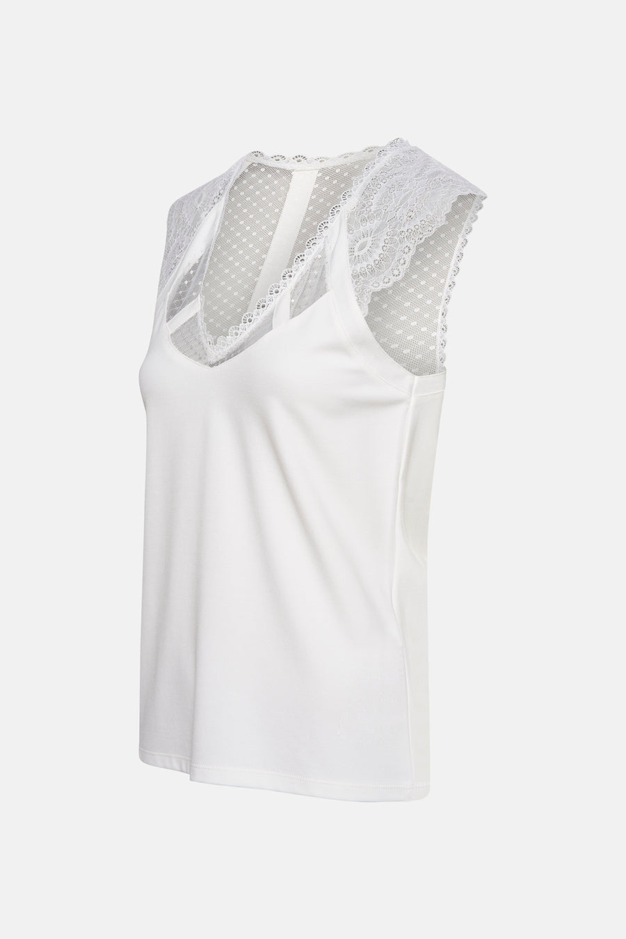 Top blanc sans manches de Morgan de Toi avec empiècement en dentelle et résille à pois.

