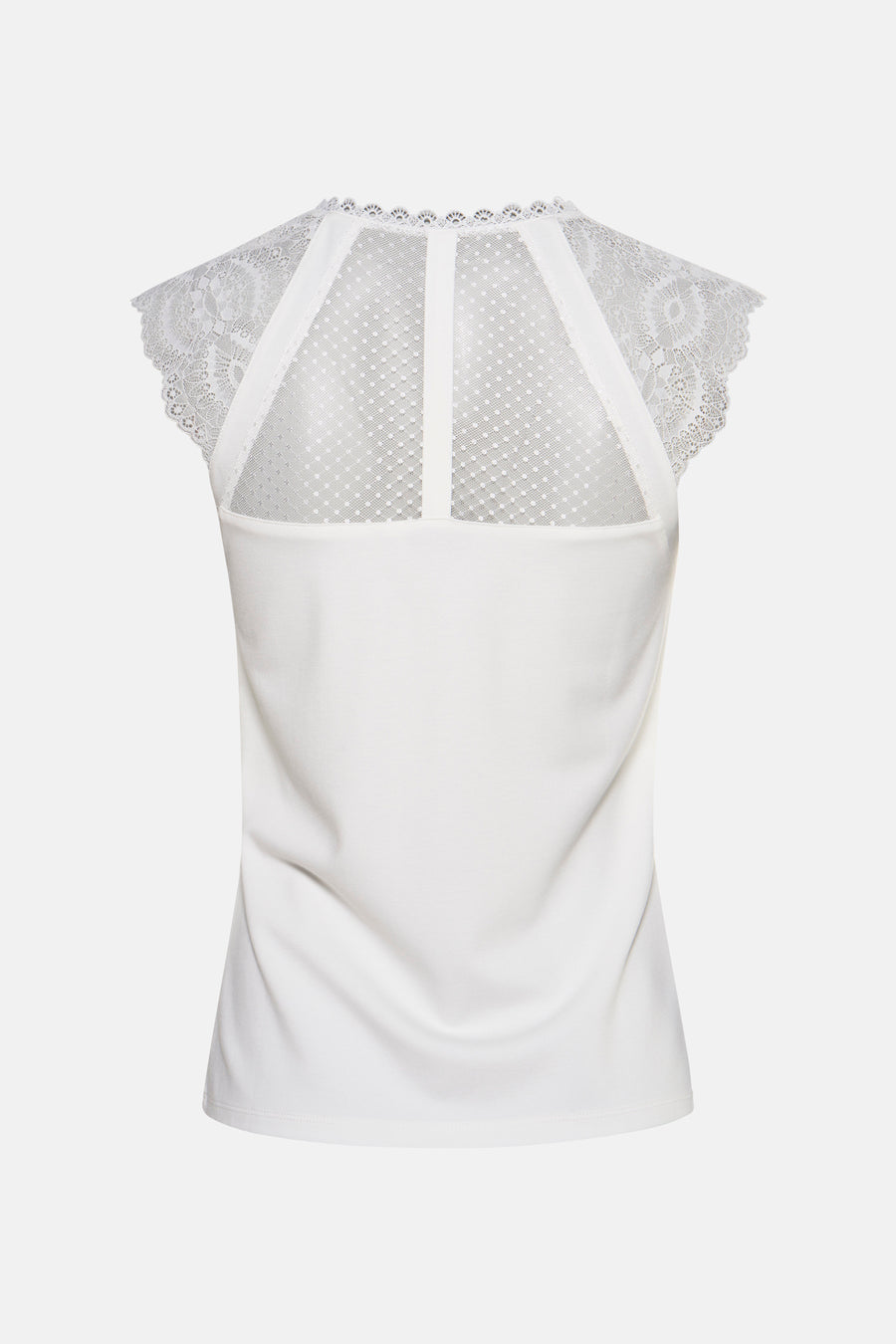 Top blanc de Morgan de Toi avec dentelle aux épaules et dos en tulle à pois.