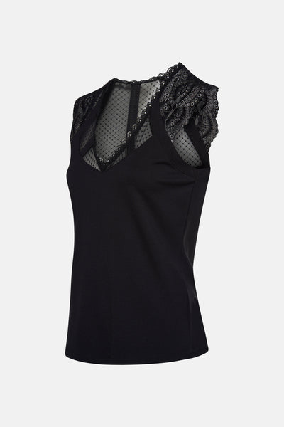 Top sans manches noir de Morgan de Toi avec dentelle florale aux épaules et empiècement en tulle plumetis.

