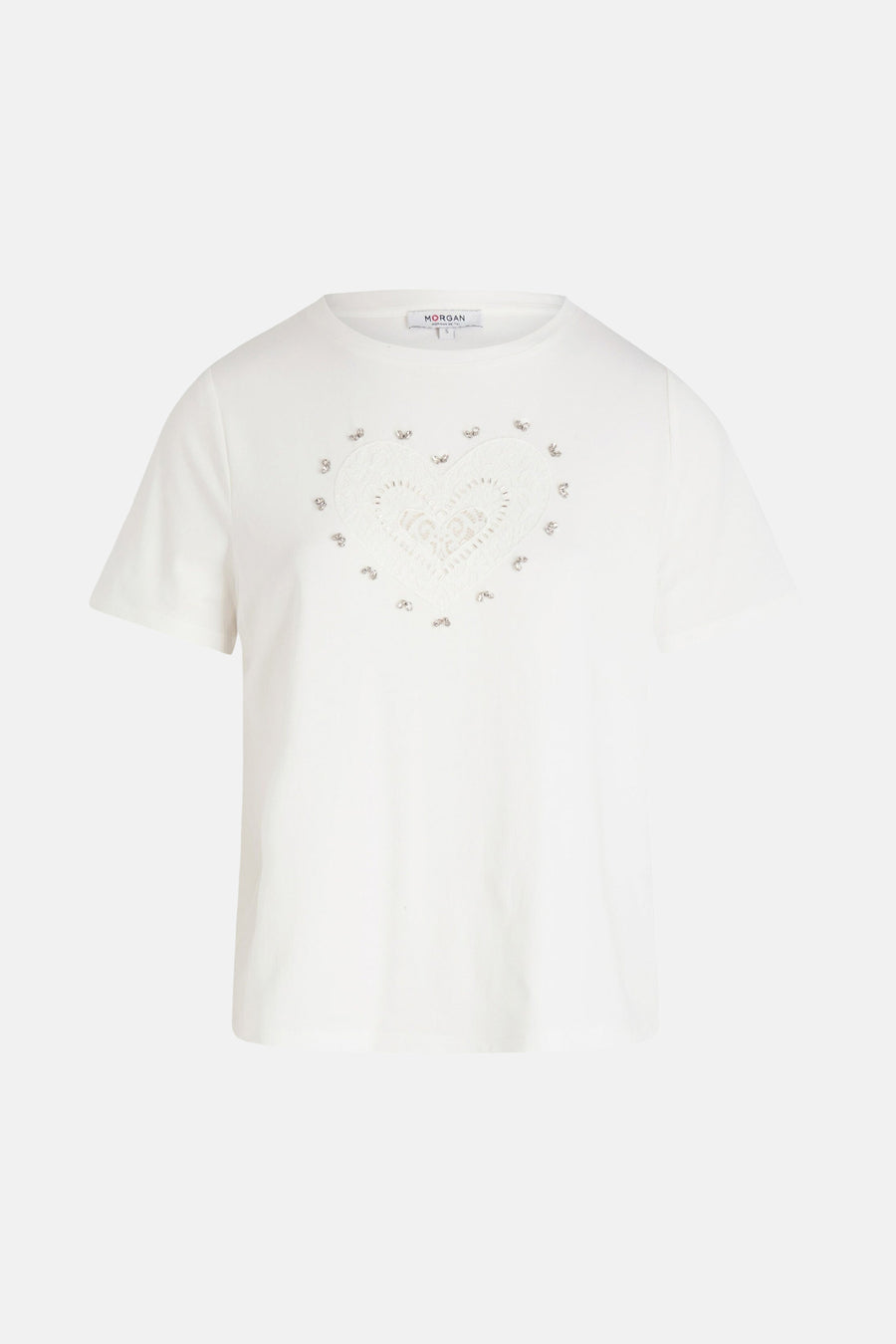 T-shirt blanc à manches courtes de Morgan de Toi avec un motif cœur en dentelle et des détails brillants.
