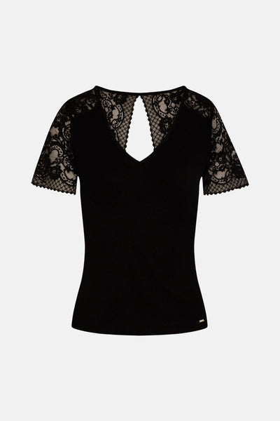 Black short-sleeve T-shirt with lace detailing on shoulders and V-back cutout, ribbed knit fabric, back view