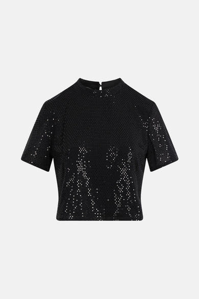 Zwart T-shirt met korte mouwen van Morgan de Toi, met all-over glinsterende stippenprint.