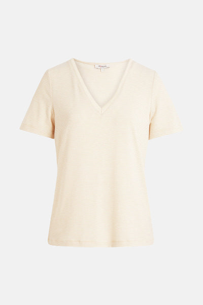 T-shirt beige à manches courtes de Morgan de Toi avec motif à rayures horizontales fines.