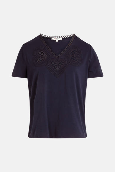 Blauw T-shirt met korte mouwen van Morgan de Toi, met hartvormige uitsnijdingen en een geschulpte rand bij de halslijn.