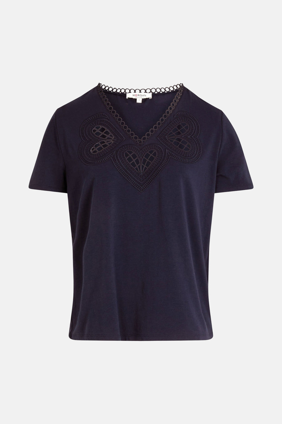 Blauw T-shirt met korte mouwen van Morgan de Toi, met hartvormige uitsnijdingen en een geschulpte rand bij de halslijn.