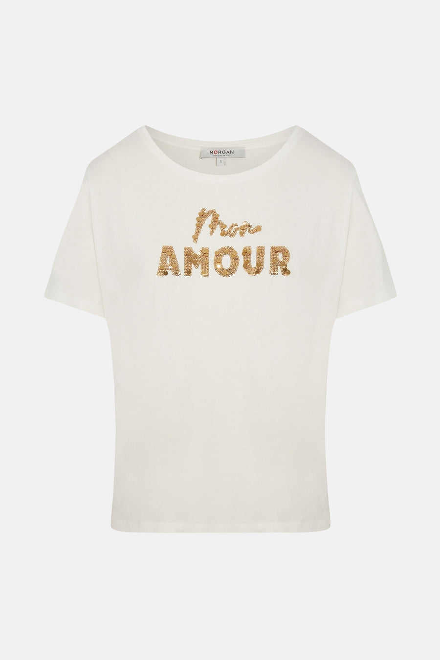 T-shirt blanc à manches courtes de Morgan, orné de sequins dorés formant l'inscription "Mon Amour".
