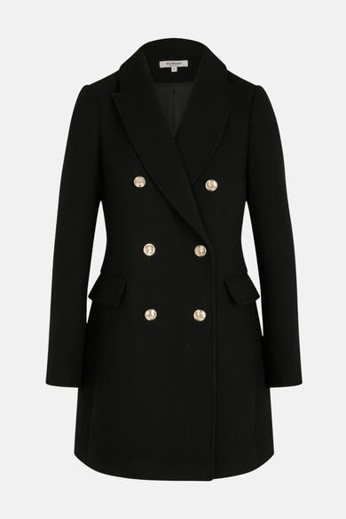 Veste noire croisée par Morgan de Toi, avec boutons dorés et poches à rabat, sur fond neutre.