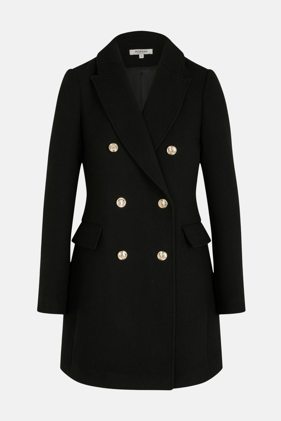 Veste noire croisée par Morgan de Toi, avec boutons dorés et poches à rabat, sur fond neutre.