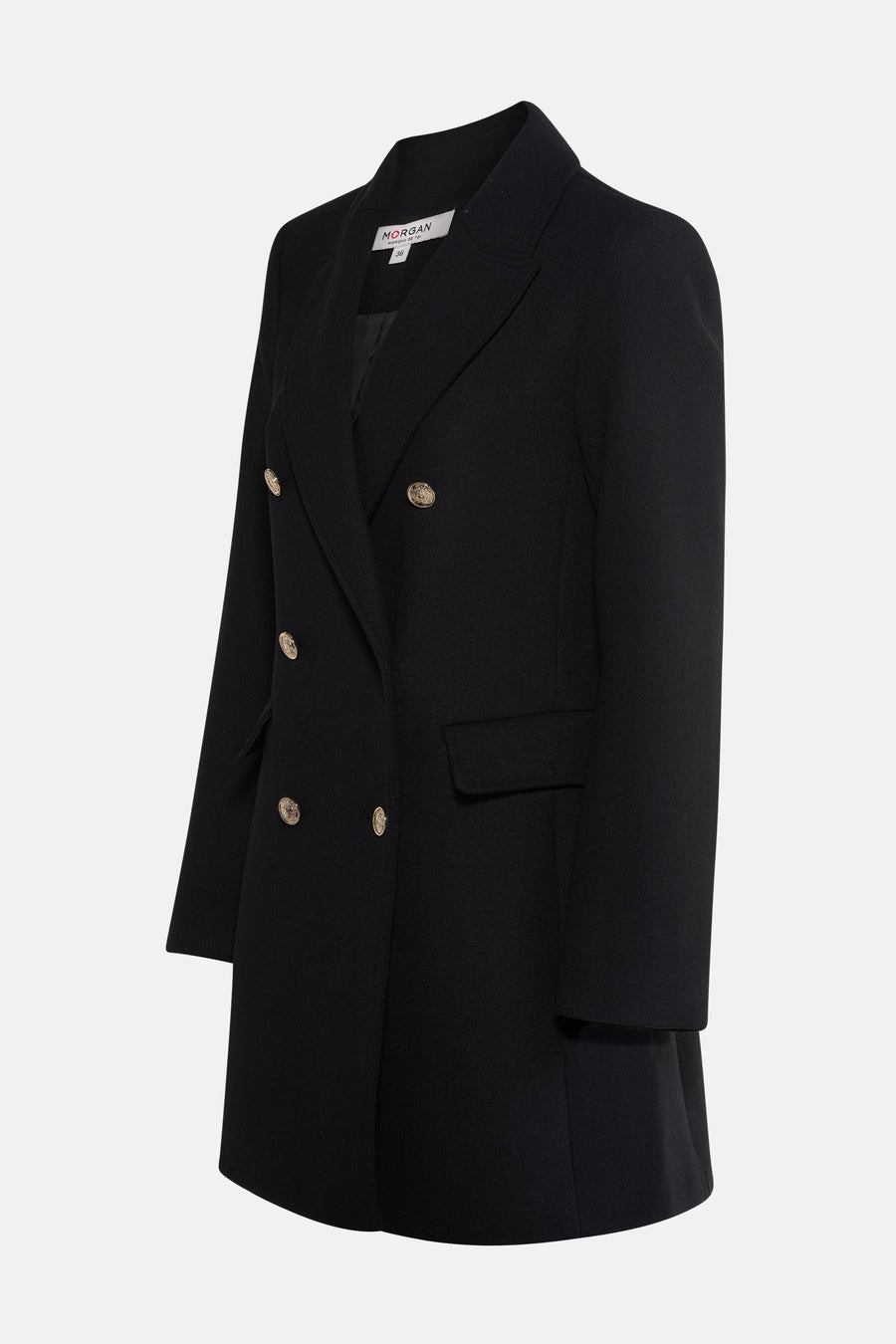 Veste noire de Morgan de Toi avec boutons dorés, coupe croisée et poche plaquée.