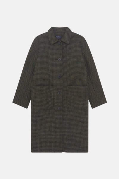 Veste longue verte de Caroll, à carreaux et coupe droite avec poches plaquées.