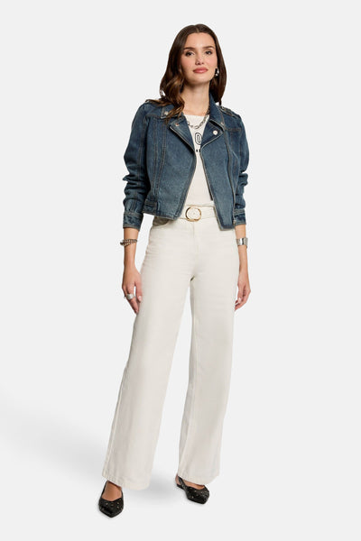 Veste en jean denim bleu moyen de Morgan de Toi, avec fermeture éclair et détails argentés.