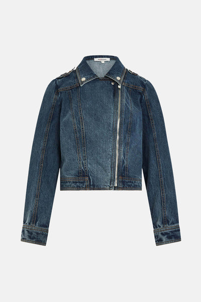 Veste en jean bleu moyen denim de Morgan de Toi, avec fermeture éclair asymétrique et finitions surpiquées.
