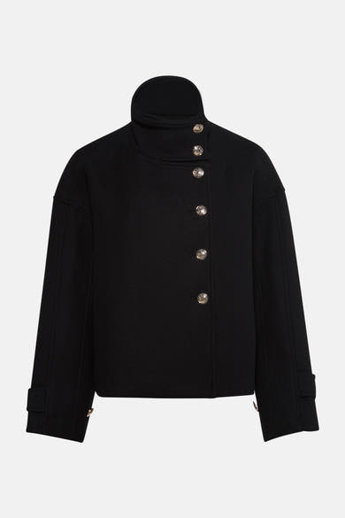 Veste courte noire de Morgan de Toi, avec col montant et fermeture boutonnée asymétrique.
