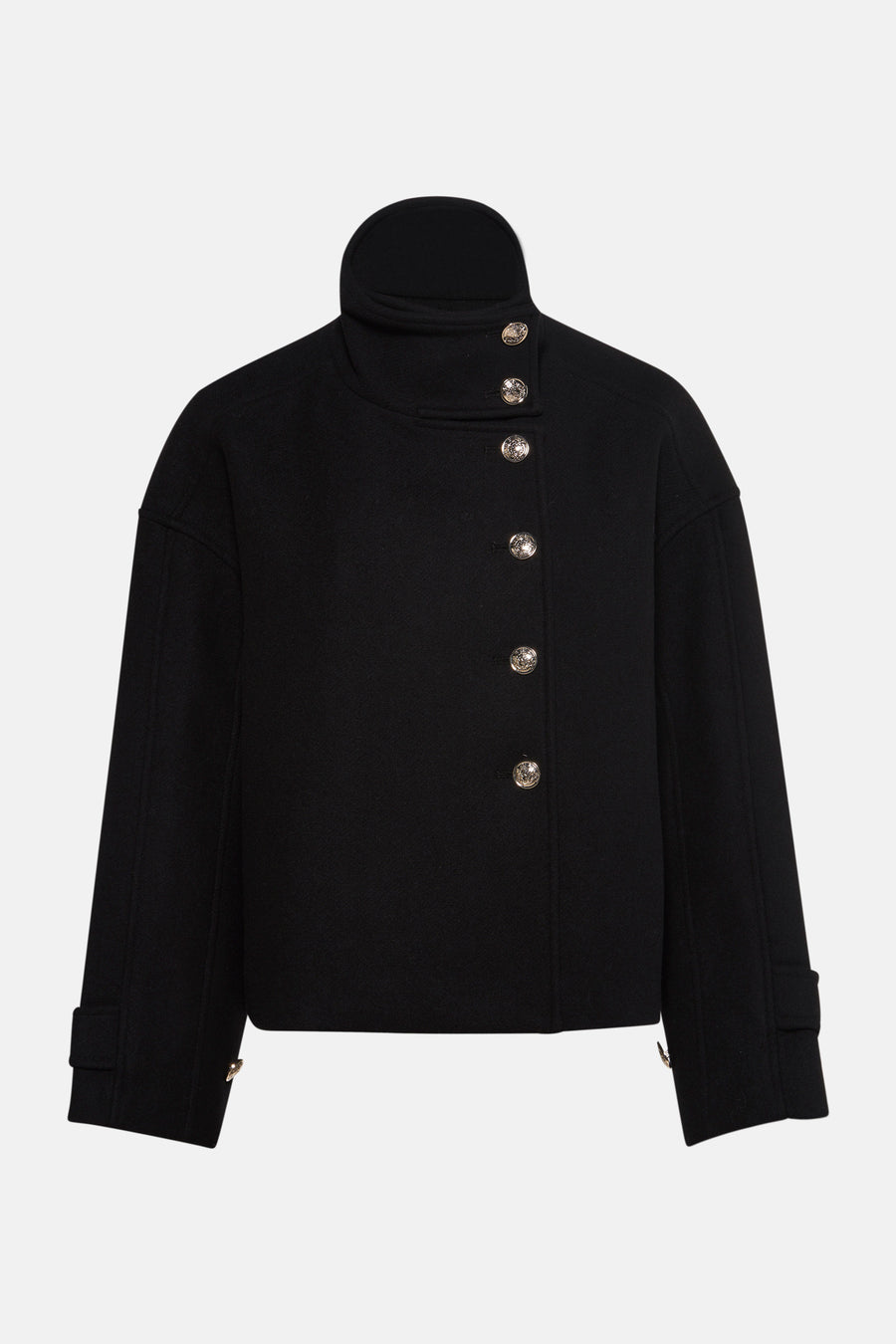 Veste courte noire de Morgan de Toi, avec col montant et fermeture boutonnée asymétrique.
