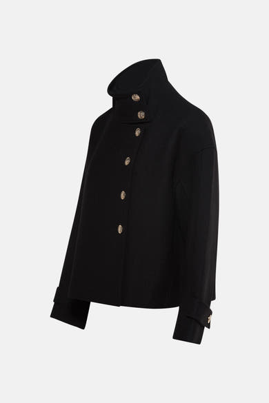 Veste courte noire de Morgan de Toi avec col montant et boutons dorés.