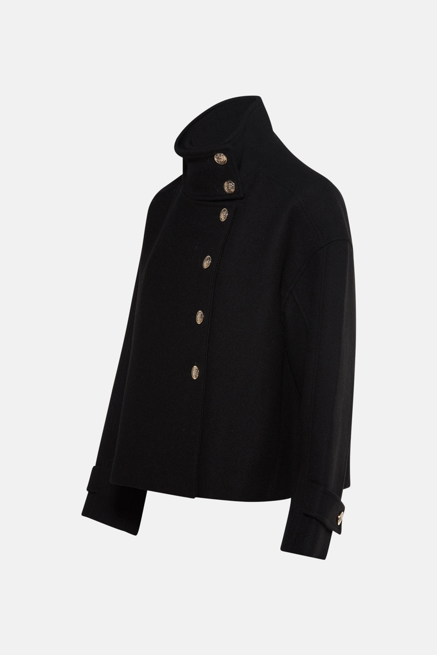 Veste courte noire de Morgan de Toi avec col montant et boutons dorés.