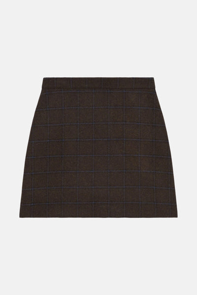 Jupe courte marron à carreaux bleus de CAROLL, avec une texture douce et un motif quadrillé.