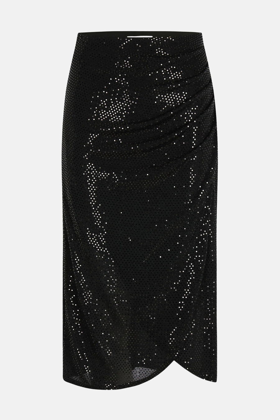 Jupe midi noire scintillante de Morgan de Toi, drapée avec détail portefeuille croisé.