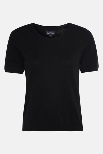 Pull noir à col rond de CAROLL, en maille fine unie avec manches courtes.