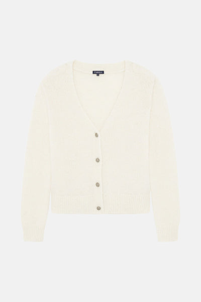 Witte, pluizige gebreide cardigan van CAROLL met V-hals en decoratieve knopen.