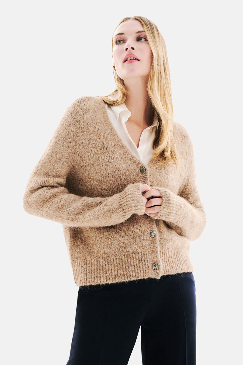 Beige vest van CAROLL, met lange mouwen, gedragen met een marineblauwe broek en schoenen met slangenprint.