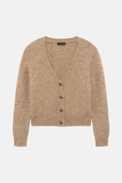 Beige cardigan in fuzzy knit from CAROLL, with V-neck and decorative buttons.