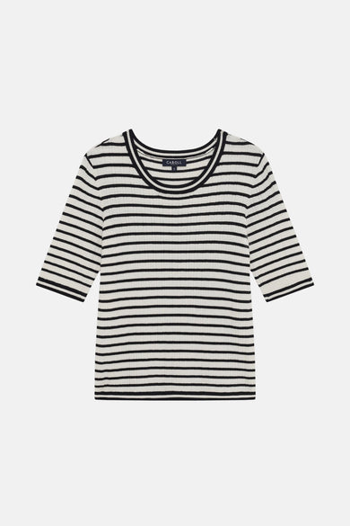 Zwarte T-shirt met korte mouwen van CAROLL, met witte en zwarte horizontale strepen.