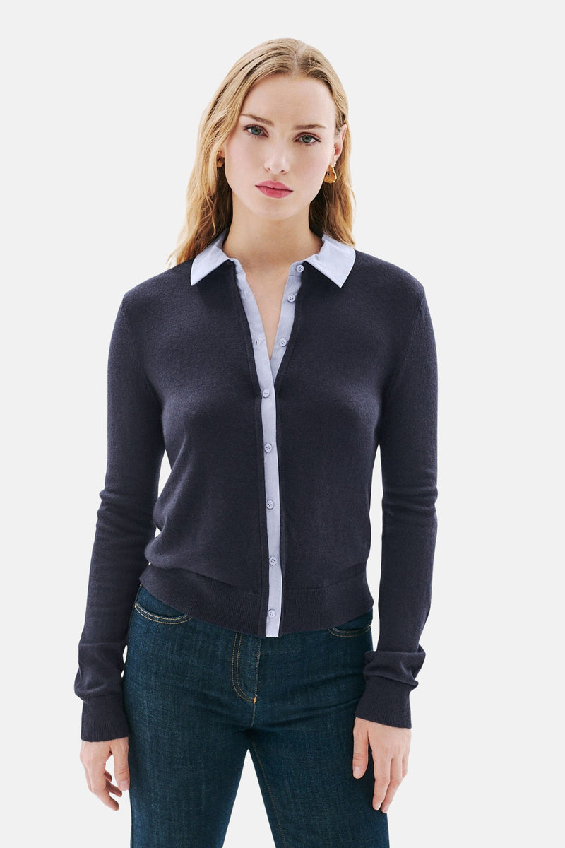 Blauwe trui van CAROLL gedragen over een lichtblauw overhemd met knopen en een donkerblauwe jeans.