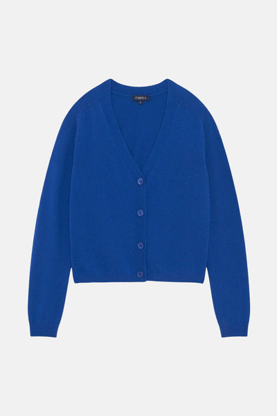 Blauwe cardigan van CAROLL, in fijne breinaald, met een V-hals en knoopsluiting.