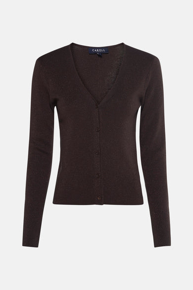 Bruine cardigan met lange mouwen van CAROLL, in glanzende gebreide stof met knoopsluiting aan de voorkant.