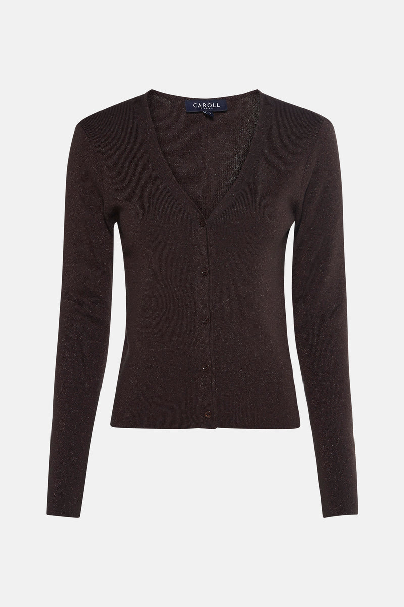 Bruine cardigan met lange mouwen van CAROLL, in glanzende gebreide stof met knoopsluiting aan de voorkant.