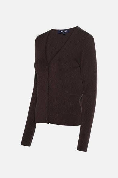 Bruine cardigan van CAROLL, rechte pasvorm in fijne gebreide stof met knopen.