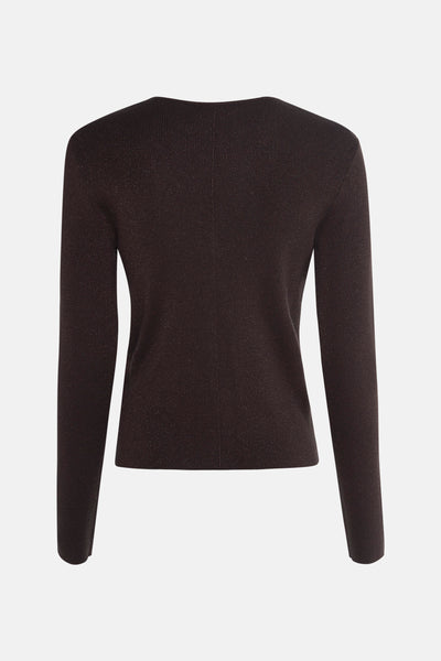 Bruine, fijngebreide cardigan van CAROLL, met subtiele glinsterende details en een nauwsluitende pasvorm.