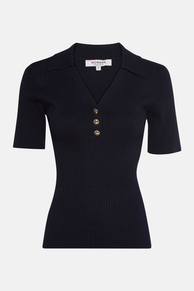 Blauw geribd T-shirt van Morgan de Toi, met een reverskraag en drie gouden knopen.