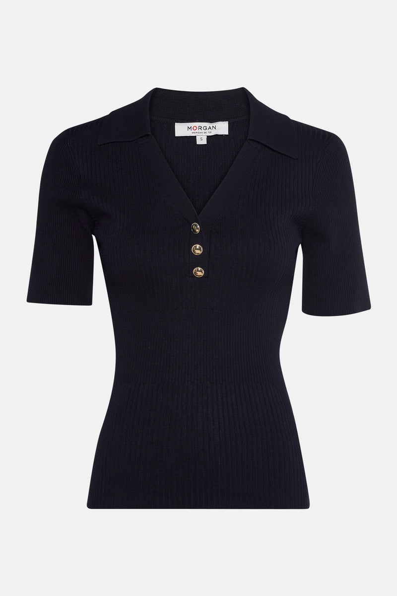 Blauw geribd T-shirt van Morgan de Toi, met een reverskraag en drie gouden knopen.