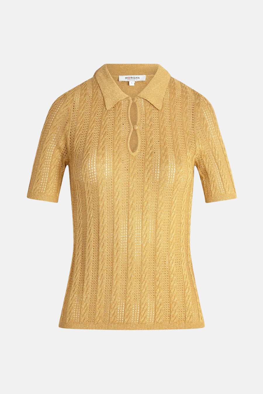 Pull en maille jaune de Morgan de Toi, avec col et détails ajourés.

