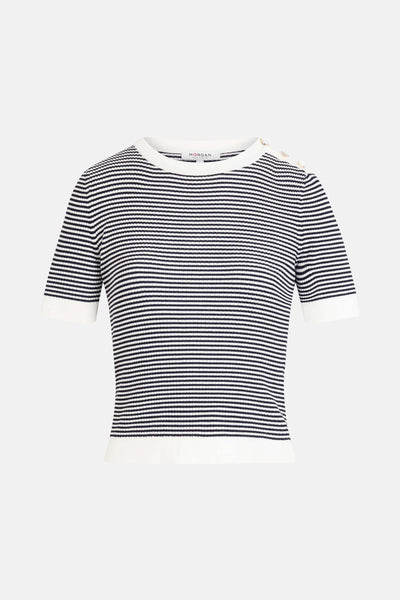 Pull rayé bleu et blanc de Morgan de Toi, avec boutons décoratifs à l'épaule.