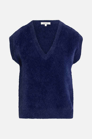 Blauwe mohair-look tanktop van Morgan de Toi, met een V-hals en een pluizige textuur.