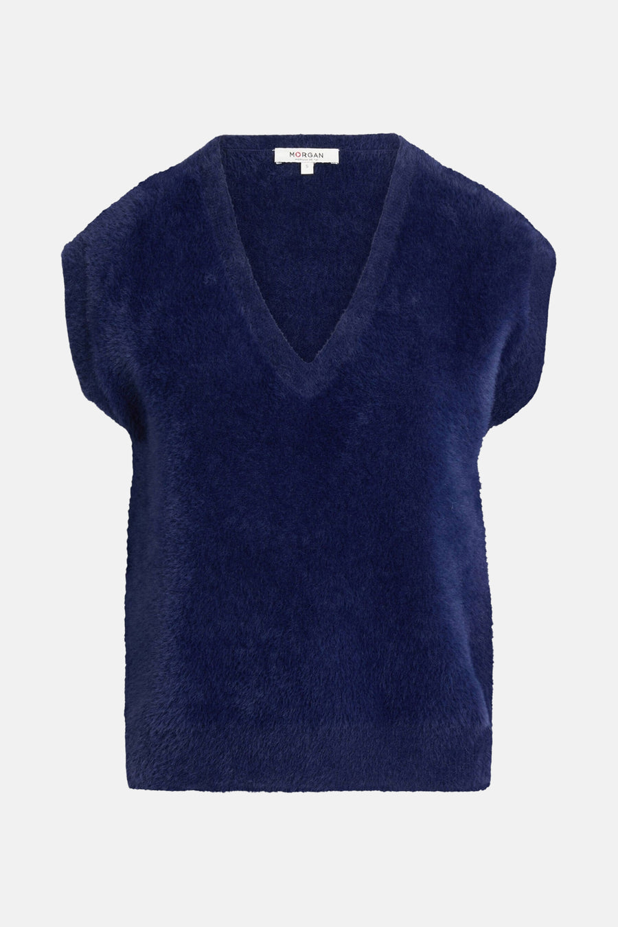 Blauwe mohair-look tanktop van Morgan de Toi, met een V-hals en een pluizige textuur.