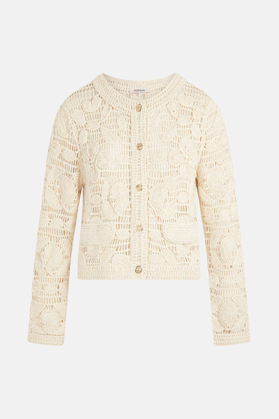 Gilet écru de Morgan de Toi avec une texture crochetée, des boutons dorés et des petites poches.
