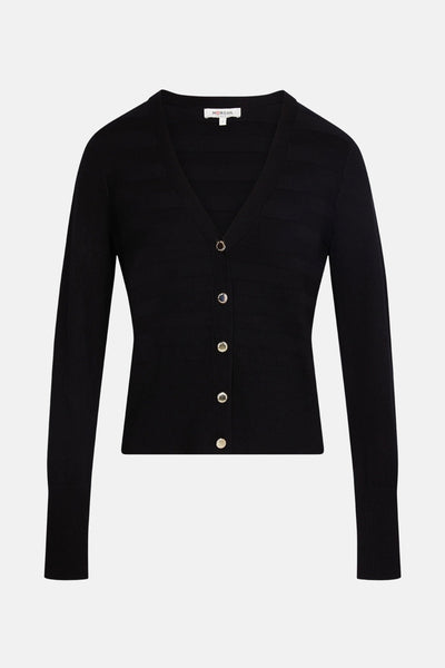 Cardigan noir de Morgan de Toi, avec rayures horizontales et boutons dorés.