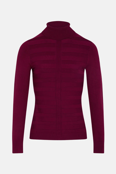 Pull à col roulé bordeaux de Morgan de Toi avec motifs horizontaux en maille côtelée.