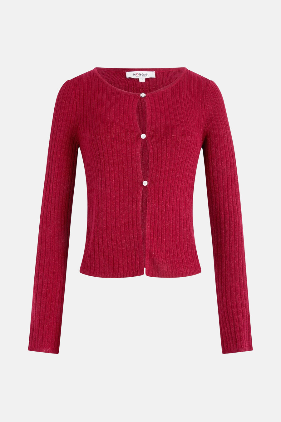 Gilet bordeaux en maille côtelée de Morgan de Toi, avec des boutons nacrés.