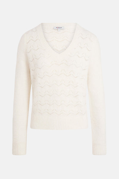 Pull à col en V blanc de Morgan de Toi, avec motif à chevrons ajouré et manches longues.
