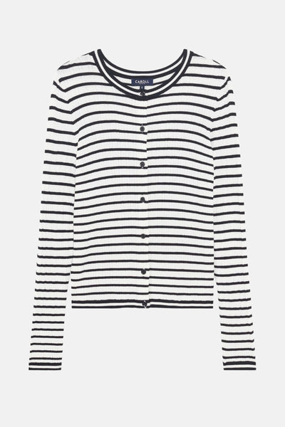 Zwart-wit gestreepte cardigan van CAROLL, met lange mouwen en knoopsluiting aan de voorkant.