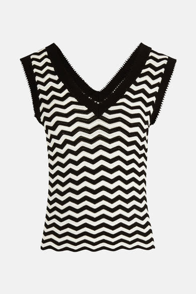 Top sans manches noir de Morgan de Toi avec motif zigzag blanc, en tricot fin.